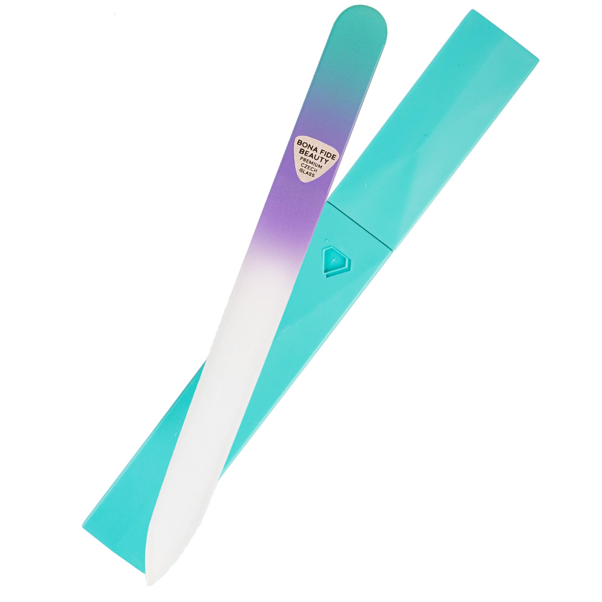 Glass Nail File with Case, Czech Glass Fingernail Files, Manicure Nail File for Natural Nails, Expert Precision Filing + Smooth Finish - Bona Fide Beauty Premium Nail Filer (Pastel Aqua Violet)