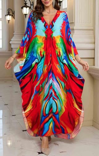 Orshoy Womens Kaftan Full Length Loose Swimwear Coverups Beach Caftan Dresses Maxi Kimono Tunic Nightdress Summer Print2 - Image 2