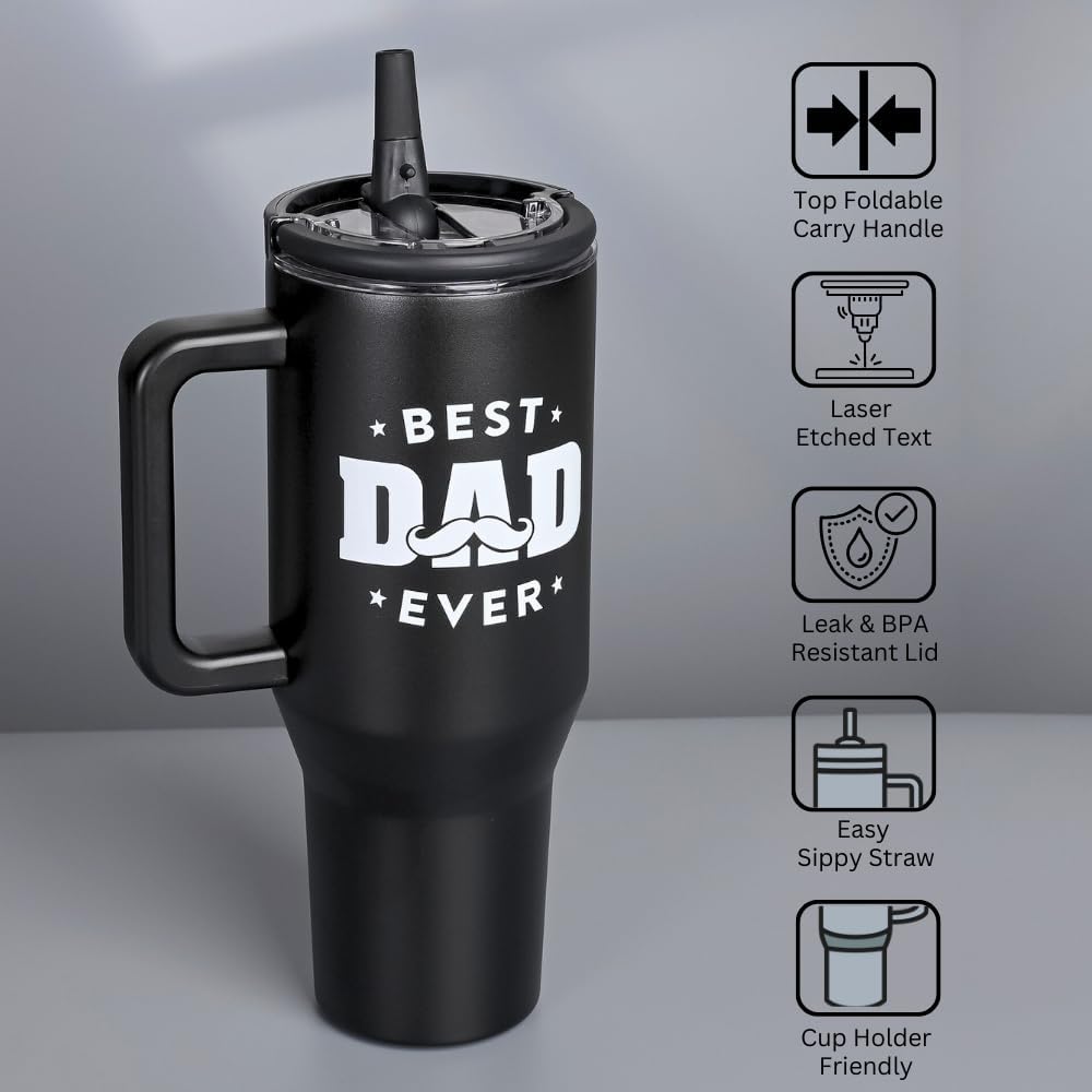 Christmas Gift for Dad - 40 oz Tumbler with Handles & Straw Lid, Insulated Travel Coffee Mug, Leak Proof Tumbler, Best Dad Ever Stainless Steel Cup with Cleaner Birthday Gifts for Father - Image 2