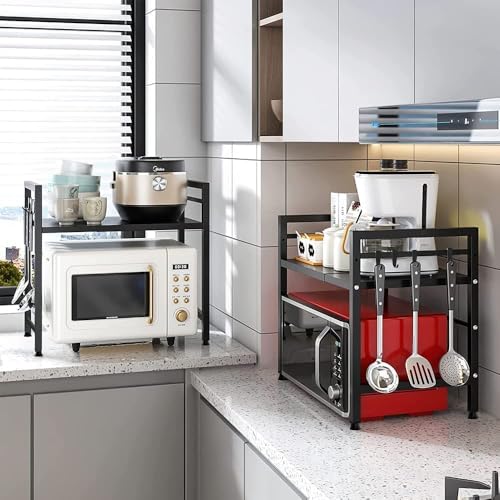 Image of HOME CUBE 1 Tier Microwave Oven Stand for Kitchen Expandable Microwave Oven Rack OTG Stand Kitchen Storage Shelf Spice Rack Toaster Grill Organizer Baker's Rack with 6 Hook (44.5x34.5x47.8 cm)