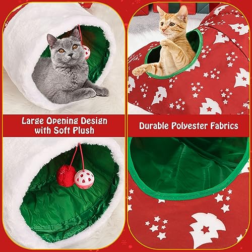 Image of Pawaboo Cat Tunnel Christmas Sock with Bell Balls, Upgraded 2 Way Cat Tunnel Interactive Toy, Pet Xmas Stocking with Crinkle Paper & Strong Spring-Steel Frame for Cat Kitten Kitty, Red Christmas Tree