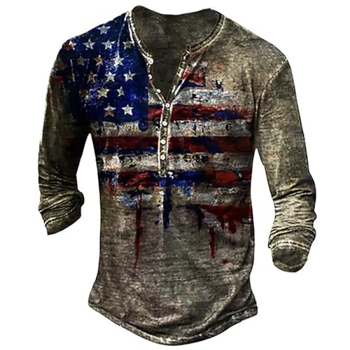 Mens American Flag Henley Shirts Casual Western Vintage Long Sleeve Button Down Shirts Distressed Washed T Shirts - Main Image