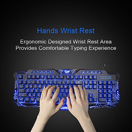 BlueFinger Gaming Keyboard and Mouse,USB Wired Backlit Gaming Mouse and Keyboard Combo,Letters Glow, 3 Color Crack Backlit,Illumination Keyboard and Mouse Set for Game and Work