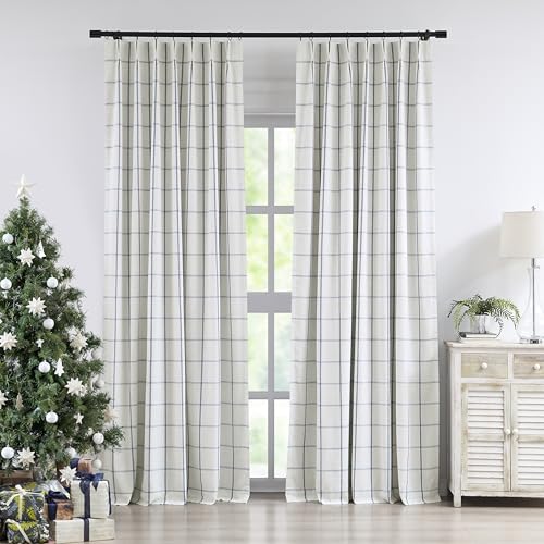 Vision Home Blue Plaid Linen Pinch Pleated Full Blackout Curtains 40x102Lx2 - image 9
