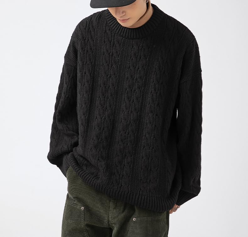 POHADON Mens Vintage Cable Knit Sweater Vintage Chunky Crewneck Long Sleeve Oversized Pullover 2026 Fall Winter Sweatshirts - Image 3