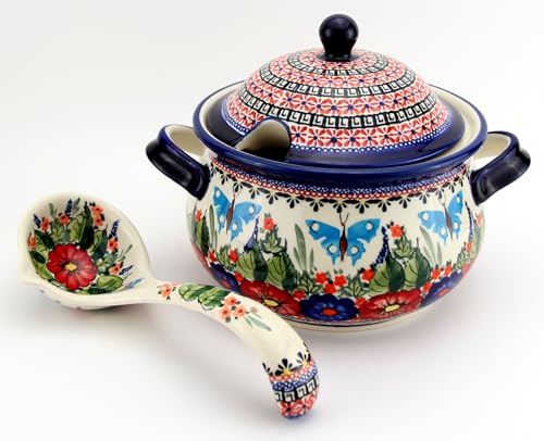 Polish Pottery Market 3.17-Quart Soup Tureen with Ladle by Zaklady Boleslawiec – Handcrafted Polish Stoneware Covered Soup Tureen with Ladle for Serving Soup and Stews