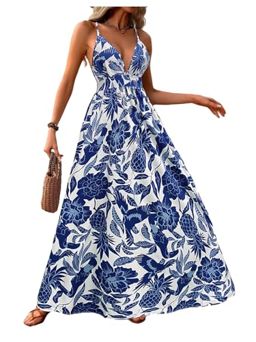 Image of MakeMeChic Women's Boho Maxi Dress Summer Luau Outfits Beach Wedding Guest Backless Sundress Flowy Resort Wear