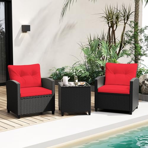 Image of Tangkula 3 Pieces Patio Furniture Set, Rattan Conversation Set w /Soft Seat & Back Cushions, Tempered Glass Topped Coffee Table, Cushioned Wicker Seating for Backyard, Porch, Poolside (Red)