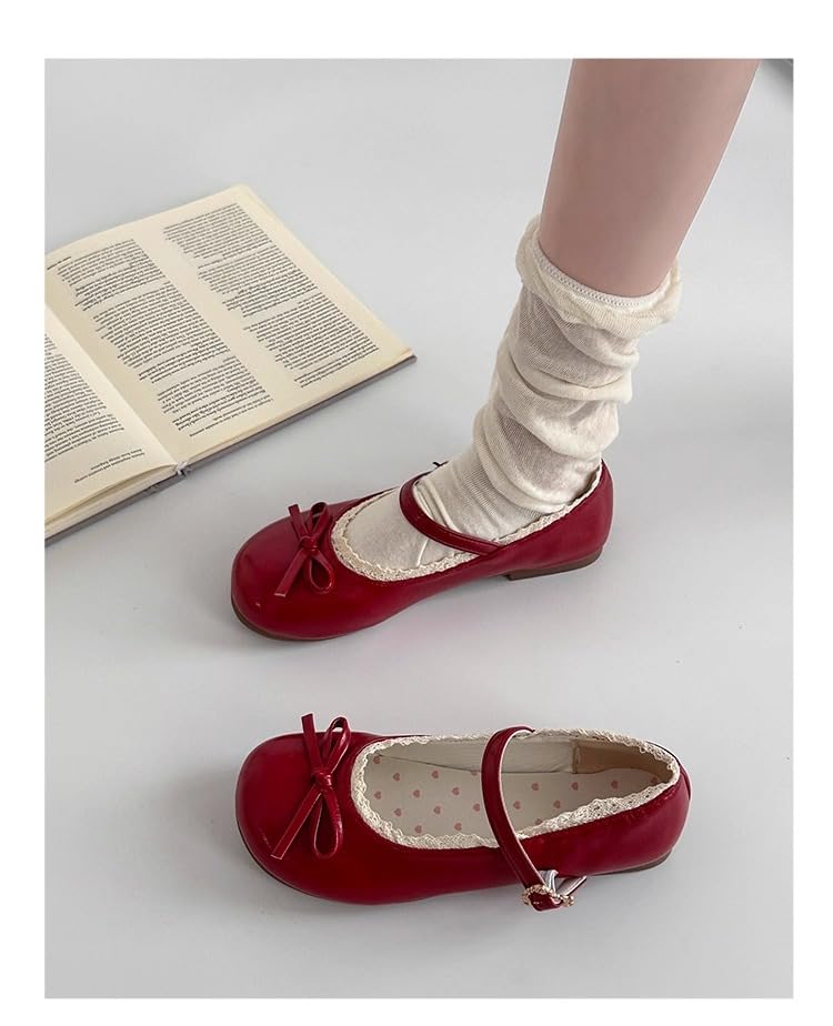 ZQW Cute Lolita Lace Mary Jane Shoes for Women Round Toe Bow Flats Sweet Kawaii Y2K Casual Walking Comfy Dressy Office2