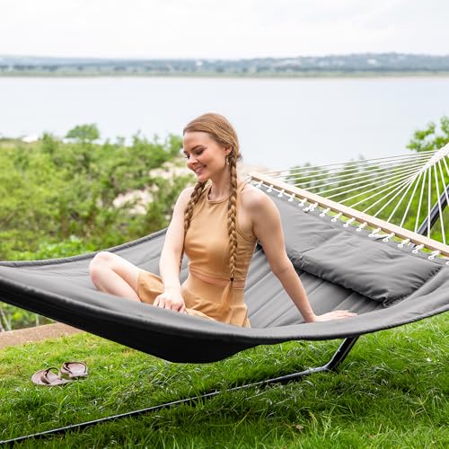 Image of SUNCREAT Double Hammock with 15 ft Stand, Outdoor Hammock with Stand, Balance Straps, Light Gray