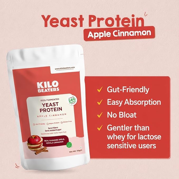 Image of Kilobeaters Fermented Yeast Protein Powder 50g (Pack of 4) & Monk Fruit Powder 25g Combo | Apple Cinnamon Flavour | Easy to Mix | Resealable Pouch | Gluten Free | Zero Added Sugar
