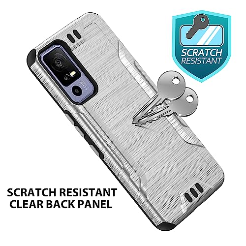 TJS Compatible for TCL 40 XE 5G Case, with Tempered Glass Screen Protector, Magnetic Support Hybrid Shockproof Metallic Brush Finish Phone Case for TCL 40XE 5G (Silver)