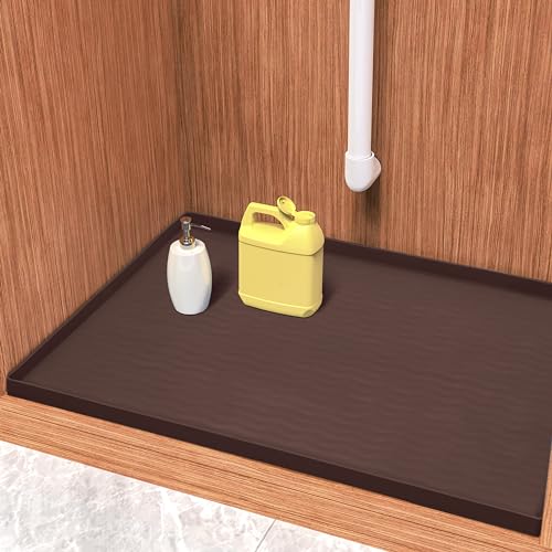 Image of URMONA Waterproof Silicone Under Sink Mat 31'' x 22'' Shelf Liner for Kitchen and Bathroom, Cabinet and Counter Protector, Storage and Organizers, Litter Mat, Pet Cat Puppy Essentials(Brown)