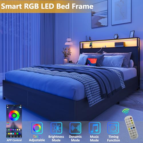Image of Lifezone Full Bed Frame with 2-Tier Storage Headboard, Metal Platform Bed Frame with 4 Storage Drawers, Built in Charging Station & LED, Noise-Free /Metal Support /No Box Spring Needed, Rustic Grey