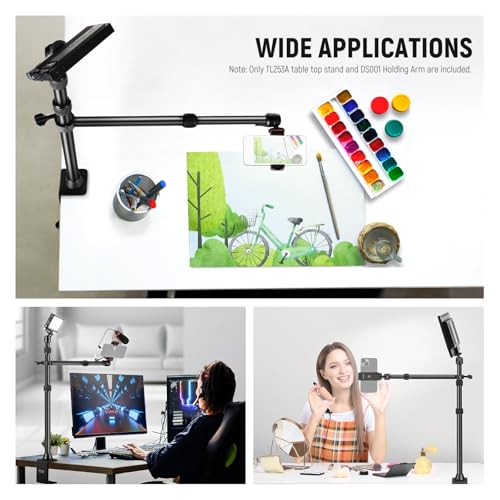 Image of NEEWER Desk Stand with 2 Telescopic Boom Arms Phone Holder for Mic Camera Webcam Ring Light, Desktop Overhead Microphone Mount with C Clamp, Ball Heads, Screw Adapter, Cleaning Cloth, TL253A+DS001