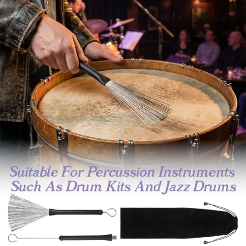 2 Pcs Drum Brushes, Retractable Wire Drum Sticks with Comfortable Rubber Handles, Adjustable Percussion Brushes for Drums, Cajon, Jazz, Acoustic & Rock Music (Professional Grade) - Thumbnail 4