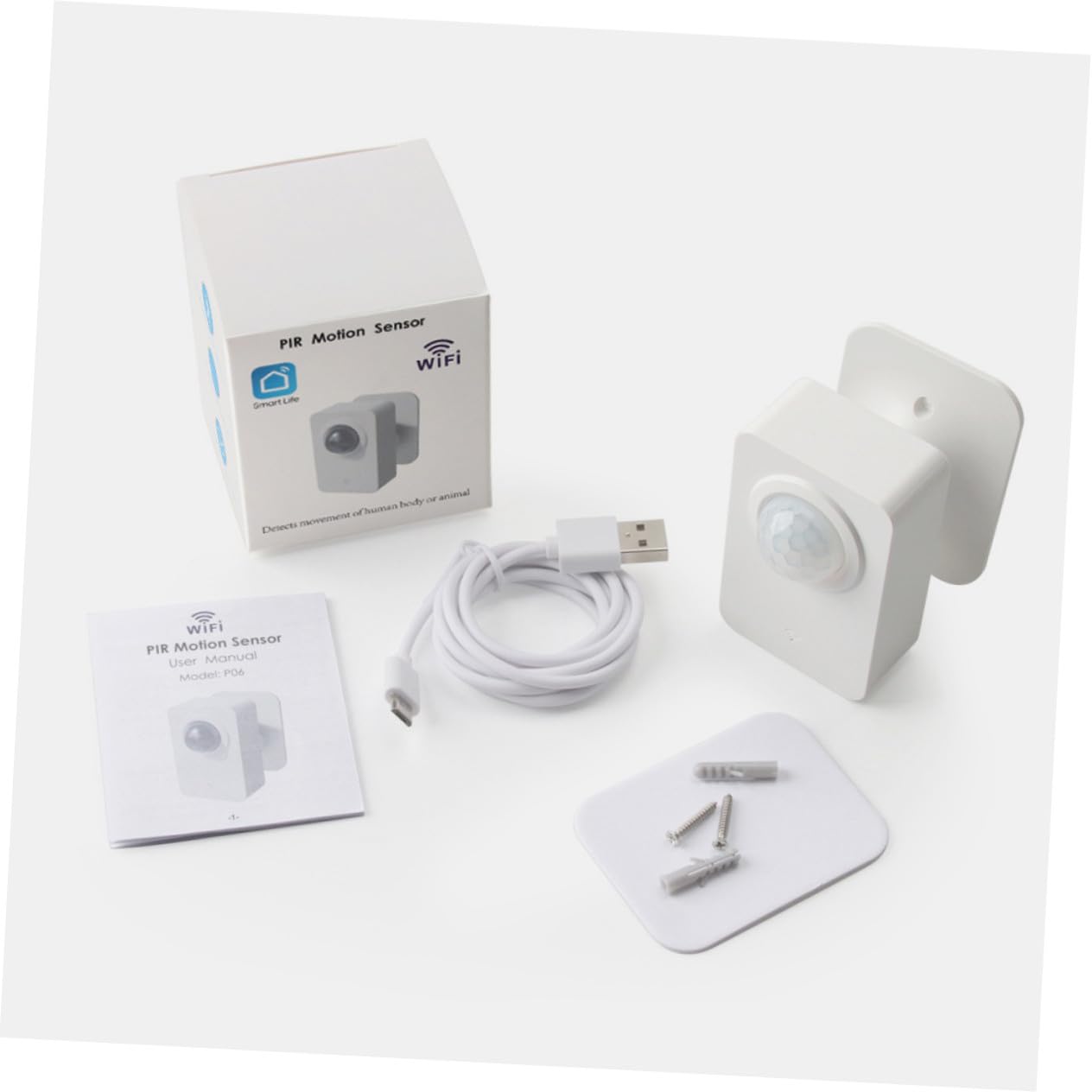 Intelligenter WLAN Pir Bewegungsmelder Sensor für Menschen und Tiere | Kabel, Echtzeit Alarmbenachrichtigung, Klebe Montage, für Tür und Küche, Weißes Abs Gehäuse