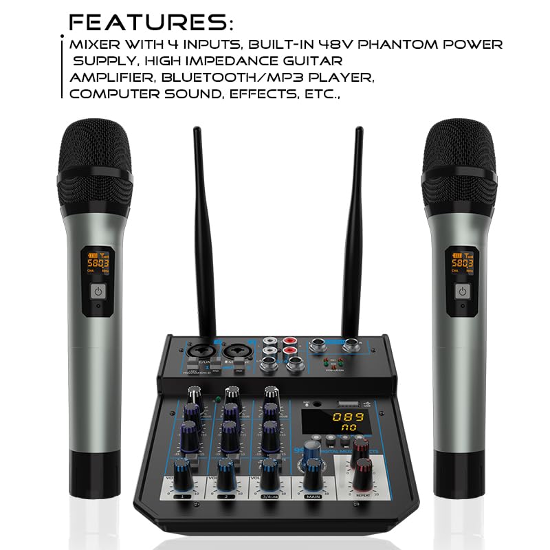 Mesa Mezclas DJ, Consola mezcladora de Audio for DJ, 2 uds., 4 canales, con mezclador Bluetooth, micrófono inalámbrico UHF