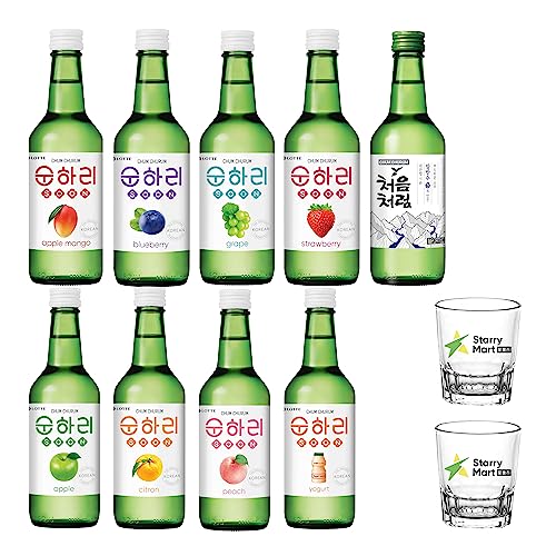 Lotte Chum Churum Soju 12-18% Alc./Vol 360ml - Pack of 6 (Random Flavours + 2 Soju Glasses)