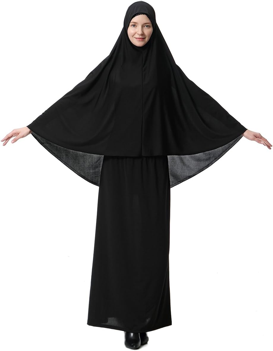 Muslim Dresses for Women Two-Piece Full Length Hijab Dress Robe Suit Abaya Scarf Dress Robe Gown Prayer Dress Top and Dress Sets Basic Style