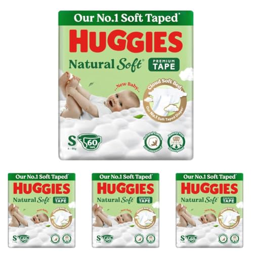 Image of Huggies Natural Soft Premium Tape Diapers Small (S) Size, 4-8 kgs, 60 Count | Our No.1 Soft Taped Diaper with Cloud Soft Bed and Runny Poo Absorption (Pack of 4)