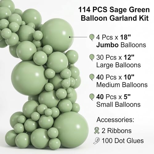 Image of 114pcs Sage Green Balloons Different Sizes, 18 12 10 5 inch Matte Olive Green Balloons Garland Arch kit for Woodland Baby Shower Jungle Birthday Boho Wedding Decor