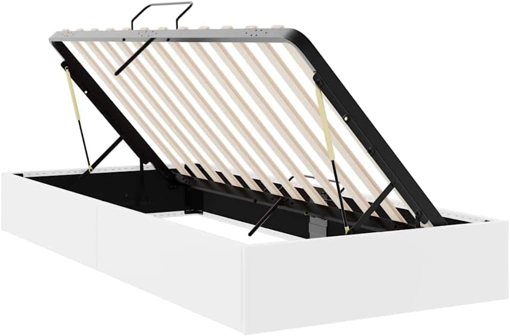 Storage Bed with Mattress White Faux Leather Metal Frame 39.37 x 79.92 in Platform Foundation with Slatted Frame Sturdy Heavy-Duty Storage for Modern Bedroom