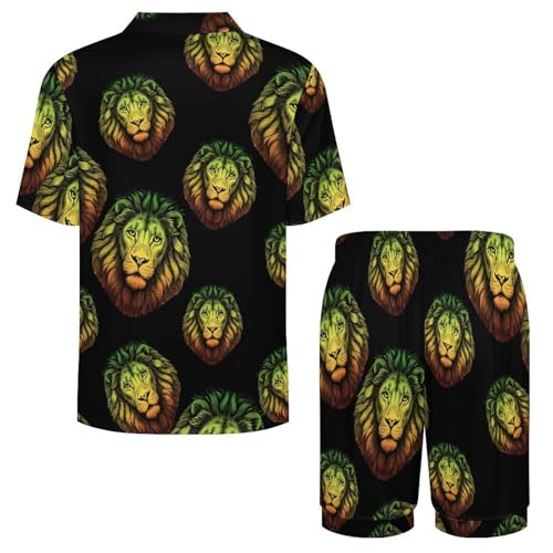 Rasta Lion Head Mens Pajama Set Short Sleeve Button Down Shirt And Shorts Soft Summer PJs4