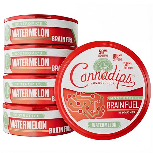 Cannadips - Watermelon Energy Pouches - Nootropic Caffeine Pouches - 50mg Lion Mane 100mg Caffeine 50mg L-Theanine No Sugar - Clean Energy Brain Fuel for Cognitive Performance - Made in USA(5-PACK)