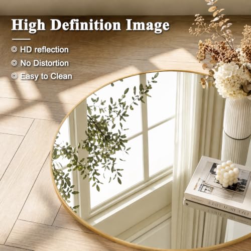 Image of Easly 40 Inch Round Mirror, Gold Metal Frame Wall Mirror for Bathroom | Aluminum Alloy Frame Wall Mirror with High-Definition Lense for Entryway, Living Room, Vanity, Bedroom