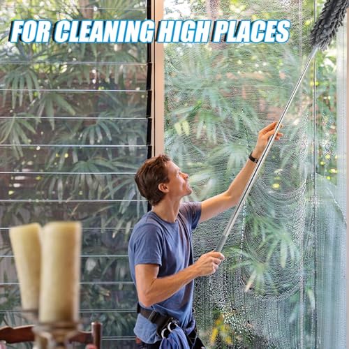 Image of Microfiber Feather Chenille Duster for Dust Cleaning with extendable Pole 100 Inch with Anti Scratch Bendable Washable Duster with High Cobweb Stick for High Ceiling Fans, Furniture - Grey