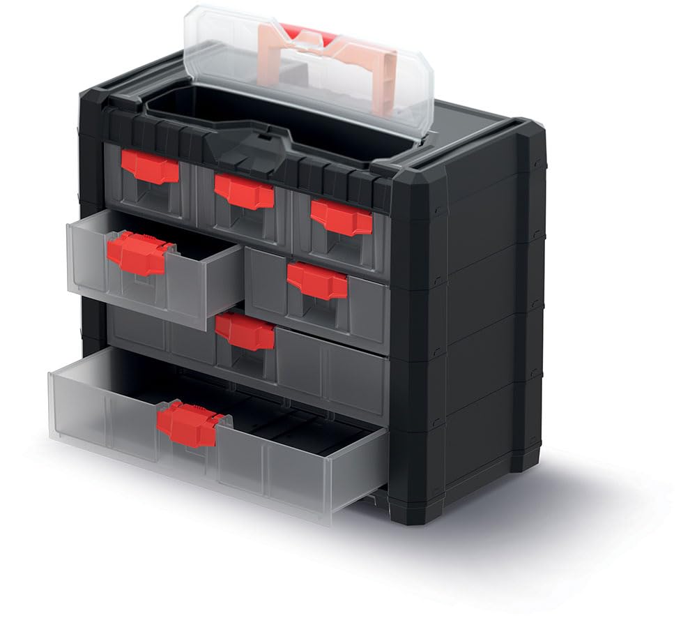 Caja organizadora maletín para herramientas | Portátil con asa | Apilable | Se puede colgar | 7 cajones con sistema de bloqueo | 40 x 20 x 32,6 cm | de plástico resistente