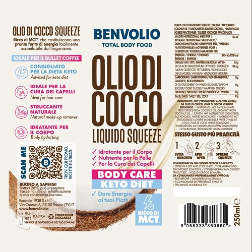 BENVOLIO 1938 KOKOSÖL Flüssig MCT ÖL Squeeze - 250 ml - Ketogene Lebensmittel, Keto Burn, Bulletproof Coffee, Low Carb Lebensmittel, Kokosnussöl Kokosfett Coconut Oil, Ketogen Tropfen