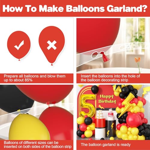 5th Birthday Red Black Yellow Balloons Arch Kit, 5th Cartoon Birthday Balloon Garland with Number 5 Balloon Lightning Star Balloons for 5th Cartoon Ball Theme Birthday Baby Shower Party — view 3