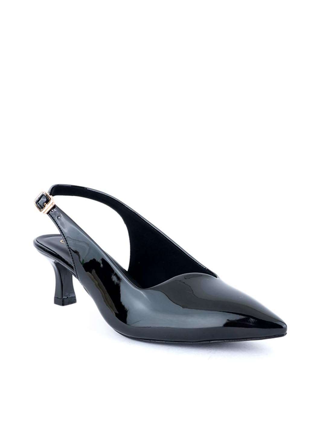 get glamr Women's Patent Leather Pointed Toe Slingback Heels, Mid Heel Dress Pumps with Adjustable Buckle Black-picture-12