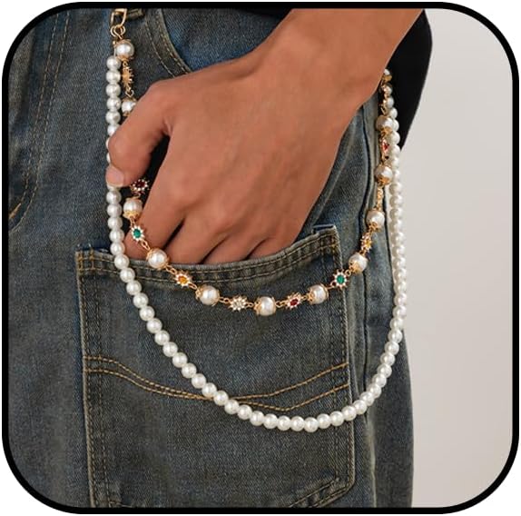 Wallet Chain for Men Women Pearl Pants Jeans Chain Pocket Wallet Purse Chain Belt Vintage Rhinestone Pearl Body Chain Pants Jewlery Accessories