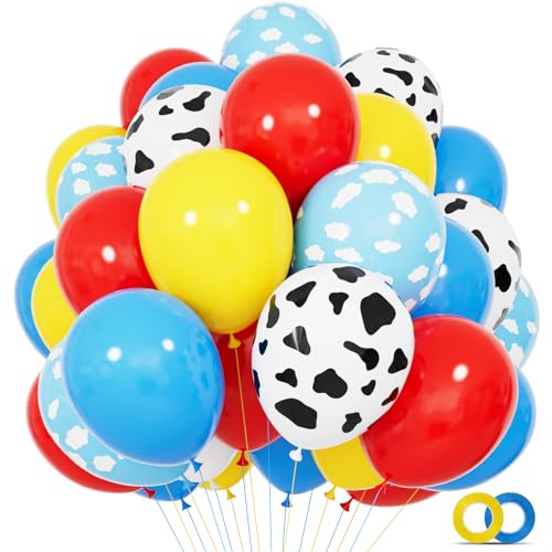 68Pcs Red Yellow Blue Toy Balloons 12 Inch Light Blue Cloud Cow Print Balloons for Babys Birthday Story and Football Party Themed Decorations.