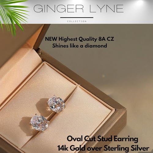 Faux Diamond Stud Earrings For Women 10mm Oval Cut 14k Gold Plated Sterling Silver 5ct Cubic Zirconia Earring Studs for Her by Ginger Lyne Pierced Jewelry For Her4