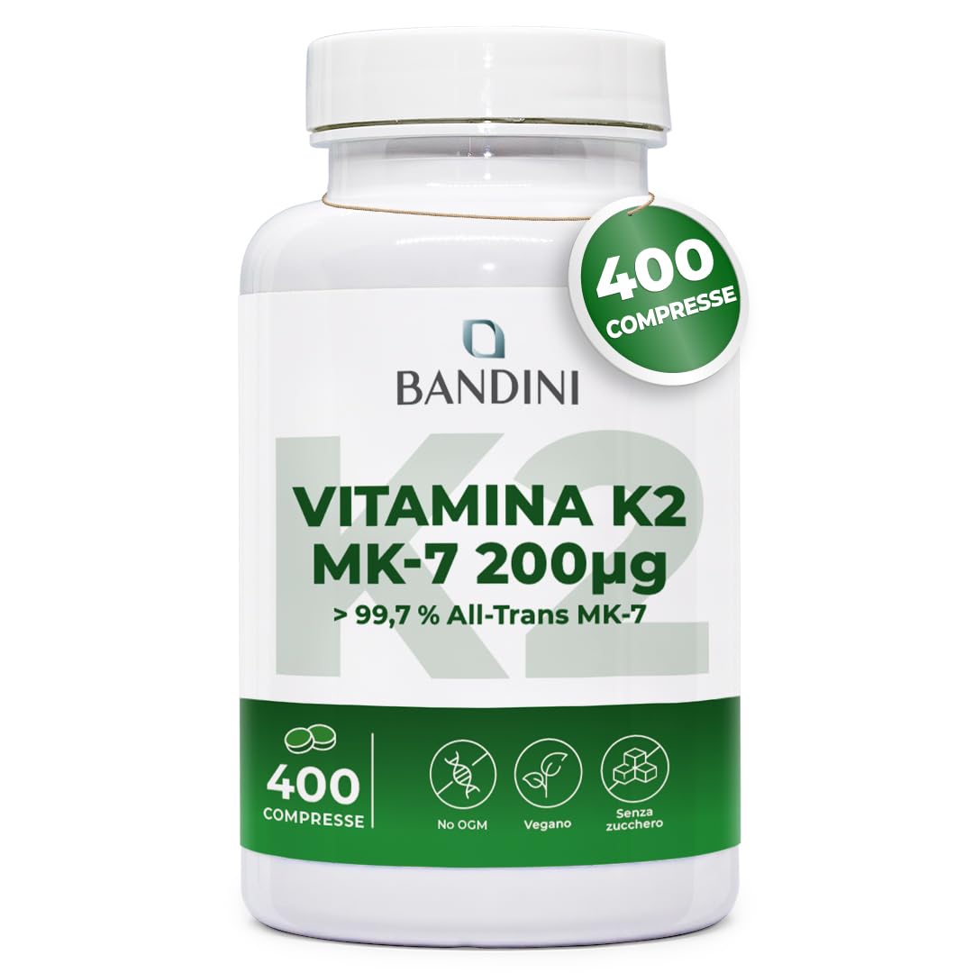 Bandini® Vitamina K2 MK7 200µg | 400 Compresse | Menachinone Alto Dosaggio | Vit K 2 MK-7 200 mcg | Contribuisce al Mantenimento di Ossa Normali, 100% Vegan, Senza OGM | Vitamina K Qualità Italiana