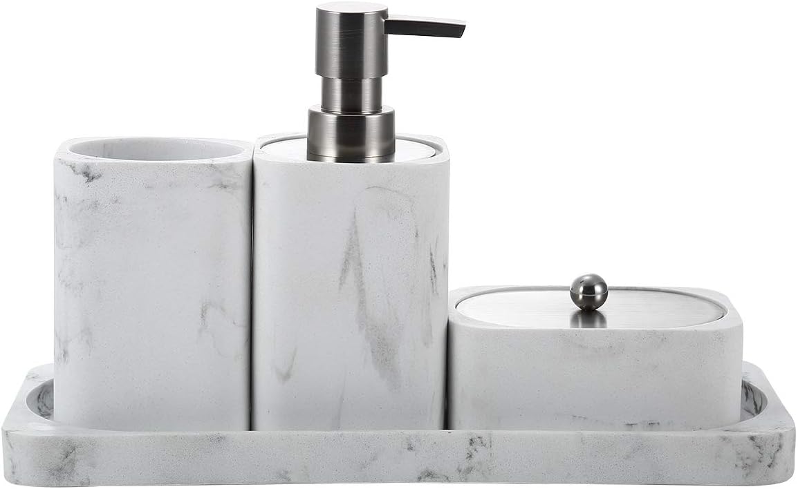 Bathroom Accessory Set, 4 Pieces Countertop Bath Set, Lotion / Soap Dispenser, Toothbrush Cup Holder Tumbler, Q-Tip Holder / Cotton Jar and Vanity Tray, Marble White