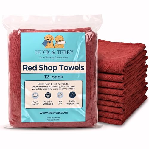 Huck & Terry Premium Red Shop Towels (12 Pack) Red Shop Rags Bulk Cotton - Reusable Mechanic Towels Washable Lint Free Cleaning Cloth for Garage Automotive Grease & Oil (12 Pack 1lb)