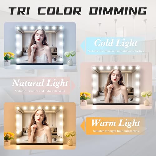 Image of Vanity Mirror with Lights Lighted Makeup Mirror with 15 Dimmable LED Bulbs,3 Color Lighting Modes,USB Charging Port Touch Control,Sturdy Metal Frame Design 22.8x18 Inch,Black