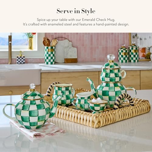 Image of MACKENZIE-CHILDS Enamel Mug, Cute Enamelware Tea or Coffee Mug, 16 Ounces, Green-and-White Emerald Check (Pack of 2)