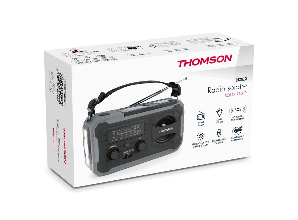 THOMSON Radio Solaire d’Urgence Portable, Survie Dynamo FM/AM, Lampe Torche LED, Alarme SOS, Batterie Rechargeable 4000mAh et Chargeur Smartphone USB-C, pour Camping, Dépannage – Gris - RT280G