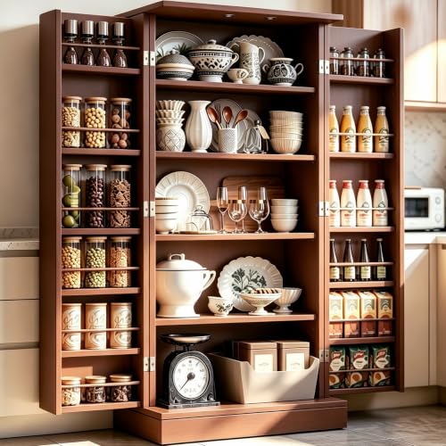 kepptory 47' Kitchen Pantry Cabinet with Doors and Adjustable Shelves, Freestanding Pantry Storage Cabinet, Farmhouse Buffet Cupboard for Kitchen, Dining Room, Living Room, Grey (Brown)
