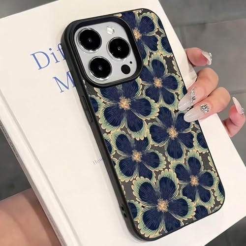 Floral Phone Case for iPhone, Blue Flowers Pattern, Black Bumper, Camera Protection (iPhone 15 Pro,Multicolor)