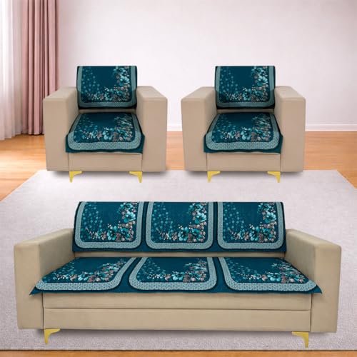 Image of Homerz 'Brooklyn Series' Premium Sofa Cover | Quilted Floral Design | Non-Slip Washable Sofa Protector | Soft Anti Slip Fabric (Teal, 5 (3+1+1) Seater, Seat Cover with Backrest)