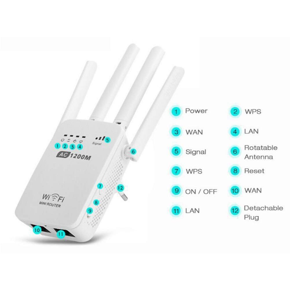 WiFi Range Extender - Router di amplificazione del Segnale WiFi ripetitore Wireless Ac1200M 5G ad Alta Potenza per Copertura Wi-Fi per Tutta la casa