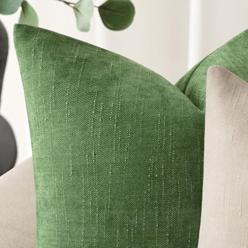 Image of Foindtower Pack of 2 Soft Textured Chenille Throw Decorative Pillow Covers Square Accent Solid Cushion Cover Cozy Neutral Farmhouse Pillow Case for Couch Sofa Bed Living Room 24x24 Inch,Forest Green