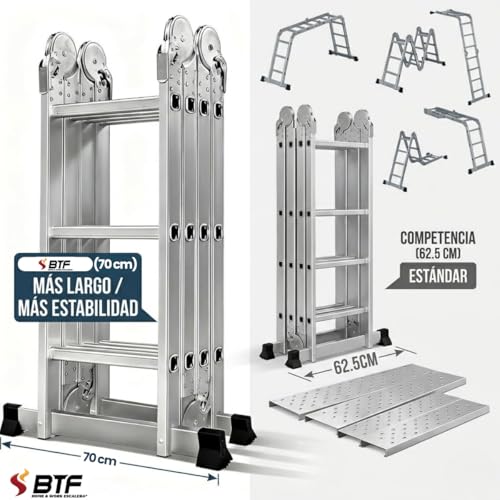 Miniatura 4 de Btf Escalera Plegable De Aluminio Multiusos 12 Peldaños, 7 En 1 De Aluminio Con 2 Placas Metálicas Escalera Extendida 3,5 M Y Andamio Altura De Trabajo 2,9cm , Capacidad 150kg, Certificada En131